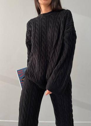 Теплый костюм объемной вязки оверсайз кофта свитер свободного кроя акриловый шерстяной брюки с высокой посадкой на резинке широкие свободного кроя модный4 фото
