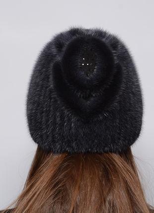 Женская зимняя норковая шапка на вязаной основе шарик листок баклажан3 фото