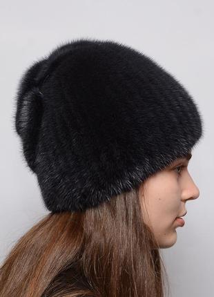 Женская зимняя норковая шапка на вязаной основе шарик листок баклажан2 фото