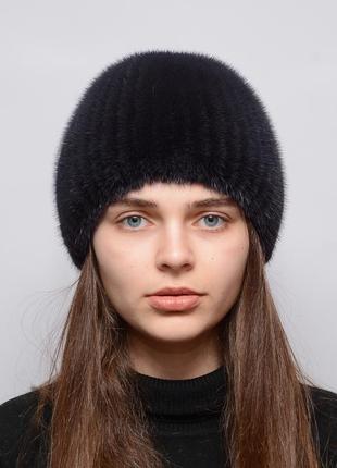 Женская зимняя норковая шапка на вязаной основе шарик листок баклажан1 фото