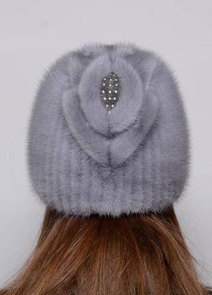 Жіноча зимове норкова шапка на плетеній основі кулька листок сапфір3 фото