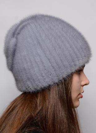 Жіноча зимове норкова шапка на плетеній основі кулька листок сапфір2 фото