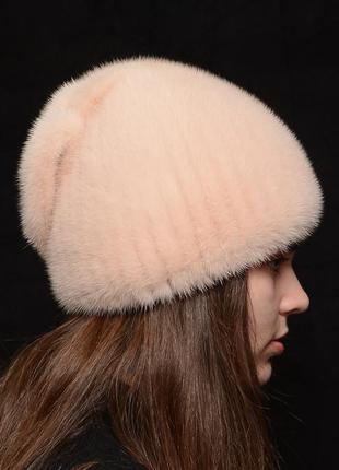 Женская зимняя норковая шапка на вязаной основе шарик листок пудра2 фото