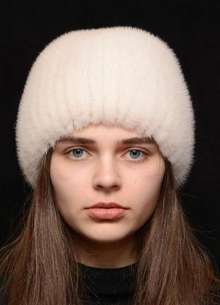 Женская зимняя норковая шапка на вязаной основе шарик листок жемчуг