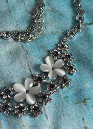 Елегантне намисто, кольє в стилі античне срібло, квіти, опал, квітка, у стилі маркощит, чокер, кристал3 фото