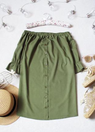 Платье рубашка с открытыми плечами цвета хаки, размер 40(12), см.замеры1 фото
