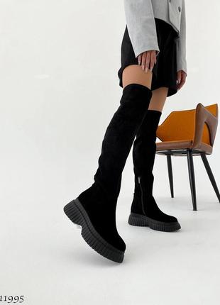 Натуральная замша, трендовые черные женские ботфорты еврозима6 фото