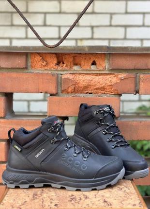 Мужские зимние ботинки ecco tex кожаные черные