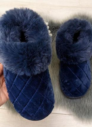 Тапочки чуни женские теплые с опушкой синие jomix 4272