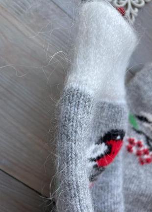 Новогодние женские шерстяные носки теплые зимние вязаные кролик + овца р. 35-39 " бело-серые снегири"2 фото