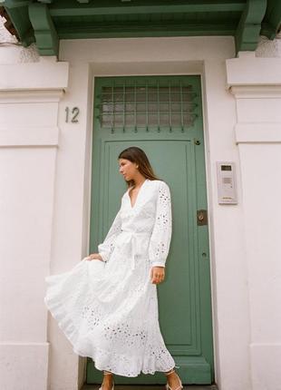 Платье сарафан длинное белое котон с перфорацией прошва zara s m 3575 9191 фото