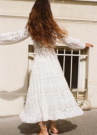 Платье сарафан длинное белое котон с перфорацией прошва zara s m 3575 9193 фото
