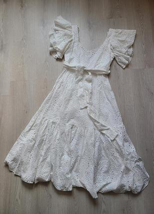 Платье сарафан длинное белое котон с перфорацией прошивка zara s m l 7686 9926 фото