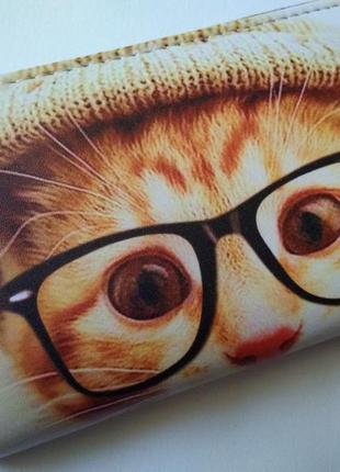 Новий модний довгий великий гаманець на блискавці з котом котиком в шапці, кіт в окулярах3 фото