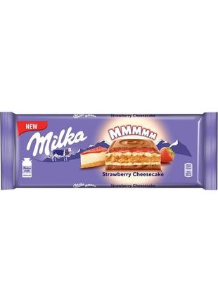 Шоколад milka strawberry cheesecake, молочный, с начинкой лесного ореха.