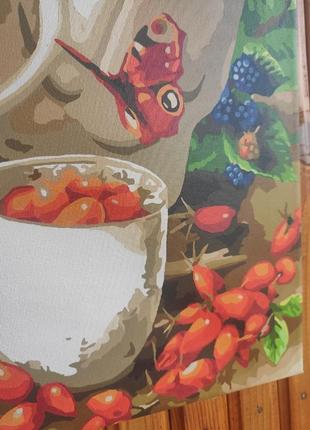 Картина для интерьера по номерам акриловыми красками посуда ягоды стол кухня разрисованная4 фото