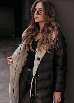 Удлинённое двухстороннее пальто миди на меху бежевое чёрное теплое с капюшоном стёганая плащёвка куртка пуховик шуба эко мех2 фото