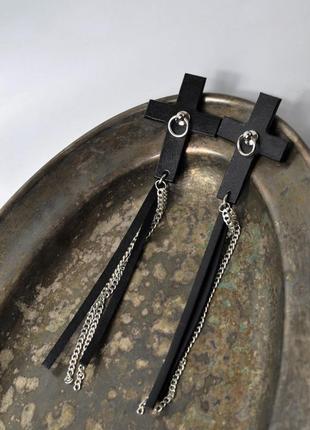 Сет комплект серьги + чокер + кольцо . длинные черные кожаные серьги , кожаный чокер2 фото