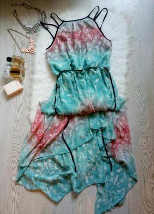Асимметричное разноцветное длинное короткое платье в пол бретелями принт рисунок сарафан