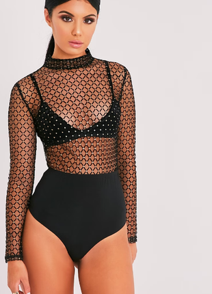 Боди сетка из флока  parva с золотым горошком prettylittlething