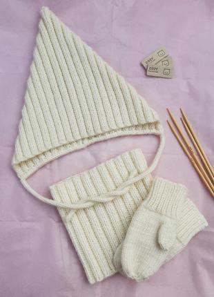 Шапка ельф(гном), хомут, рукавиці для дитини із мериносової шерсті2 фото