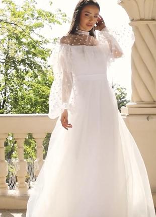 Изысканное белое платье с фатиновой юбкой и рукавами, 422 фото
