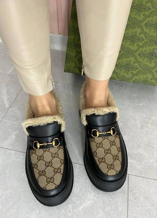 Чорні зимові лофери на овчині ганчі gucci2 фото