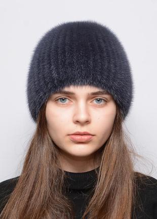 Женская зимняя норковая шапка на вязаной основе шарик коса синий ирис