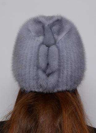 Женская зимняя норковая шапка на вязаной основе шарик коса сапфир3 фото