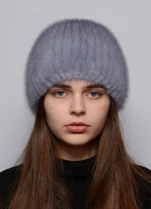 Жіноча зимове норкова шапка на плетеній основі кулька коса сапфір