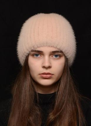 Женская зимняя норковая шапка на вязаной основе шарик коса жемчуг