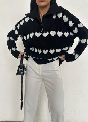 В'язаний теплий светр оверсайз із високим комірцем на блискавці туреччина молоко та чорний2 фото