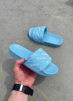 Женские шлепанцы balenciaga slides small logo blue шлепки баленсиага сланцы слипоны тапки4 фото