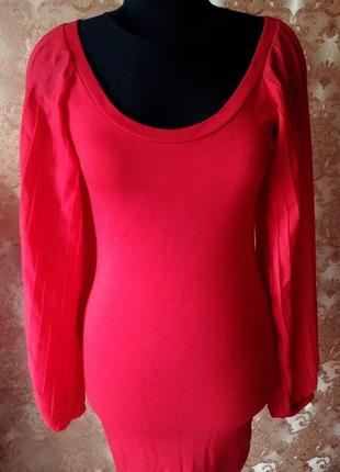 Червоне комбіноване плаття з джерсі з довгими рукавами з шифону плісе5 фото
