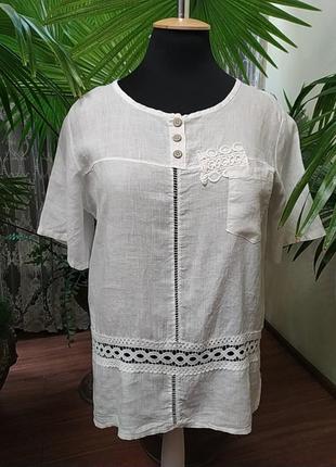 Льняная блуза с хлопковым кружевом, батал, 56-60 размер1 фото