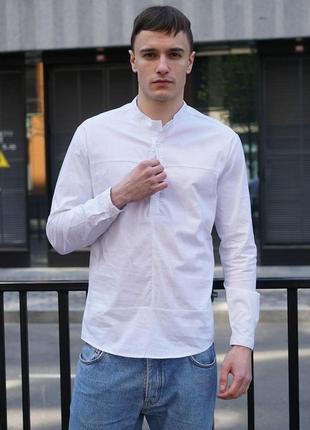 Мужская классическая рубашка белого цвета - воротник стойка