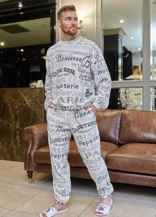 Мужская теплая пижама из двустороннего плюша с принтом серая размеры 46-56