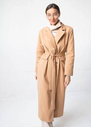 Жіноче демісезонне довге пальто з поясом норма і батал