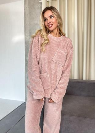 Женская теплая махровая пижама с карманом 3 цвета размеры 40-628 фото