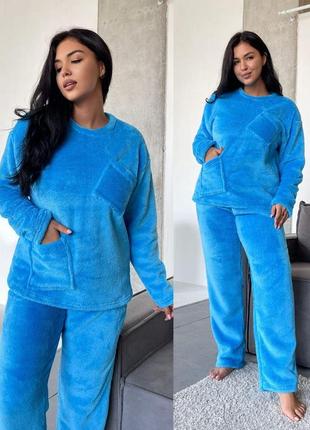 Женская теплая махровая пижама с карманом 3 цвета размеры 40-624 фото