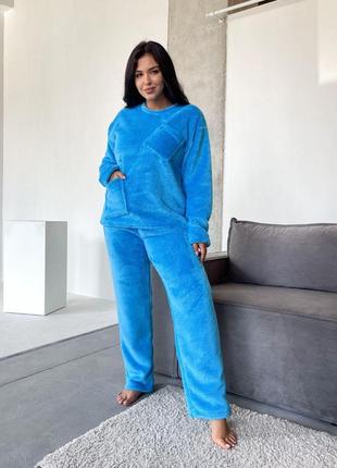 Женская теплая махровая пижама с карманом 3 цвета размеры 40-62