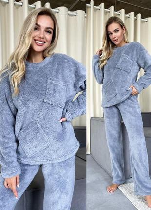 Женская теплая махровая пижама с карманом 3 цвета размеры 40-623 фото