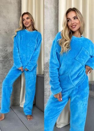 Женская теплая махровая пижама с карманом 3 цвета размеры 40-625 фото