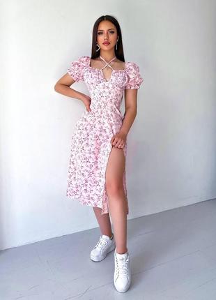 Женское платье с разрезом и принтом 3 цвета размеры 42-481 фото