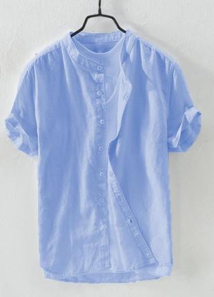 Мужская летняя рубашка с коротким рукавом из лёна голубая