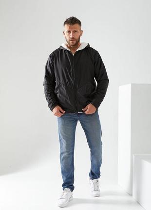 Чоловіча тепла спортивна куртка на хутрі з капюшоном чорна 3 кольори хутра, розміри 48-58