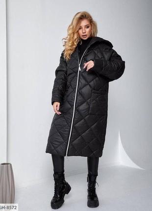 Женское теплое стеганое пальто с двухсторонней молнией и накладными карманами 3 цвета размеры 42-62