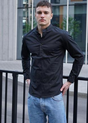 Стильная мужская рубашка черного цвета из хлопка с воротом стойкой4 фото