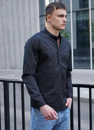 Стильная мужская рубашка черного цвета из хлопка с воротом стойкой3 фото