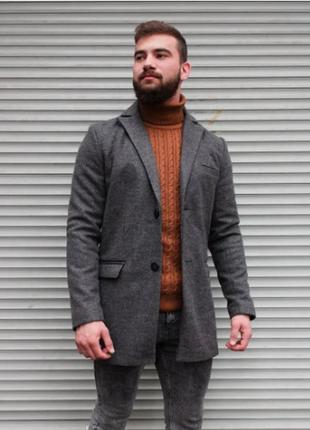 Серое классическое мужское пальто однобортное, кашемир+подкладка